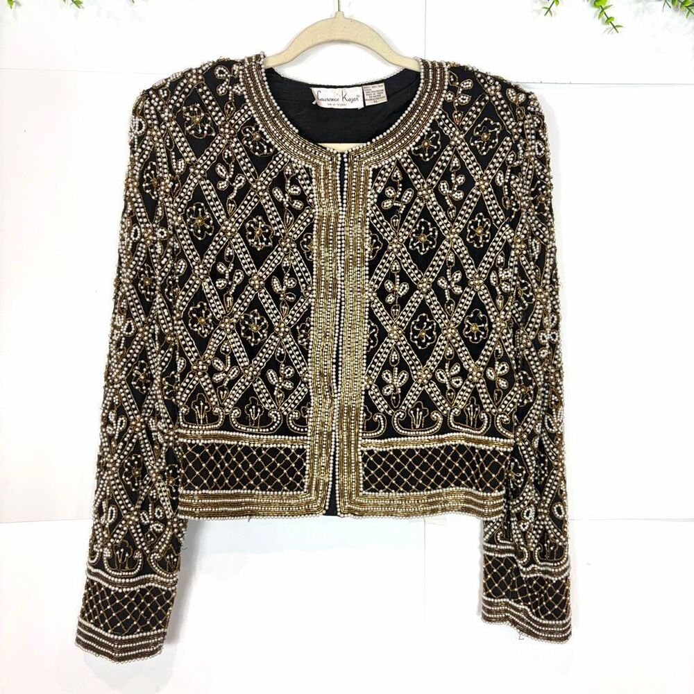Laurence Kazar Jacket Womens XL Black Silk Gold Beaded Pearl Floral Open Front